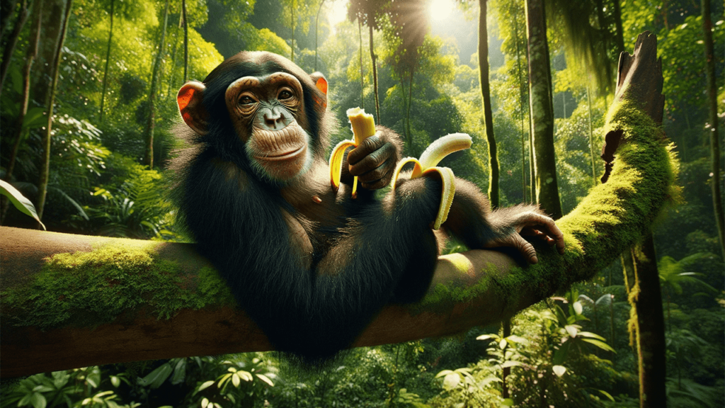 Χιμπατζής μπανάνα τροπικό δάσος